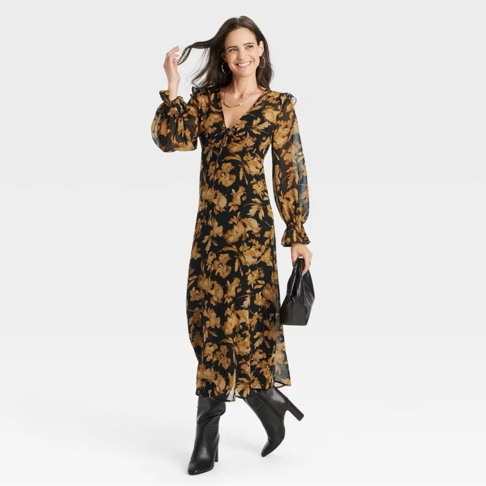 a new day Black Dress with Gold Floral Pattern